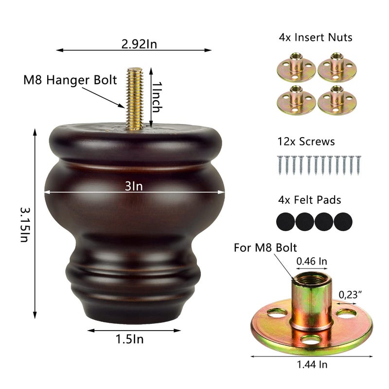Michanco 3 Inch Wood Furniture Legs Replacement Bun Feet Set of 4 Round Wooden Legs for Sofa Couch Cabinet Ottoman - Image 5